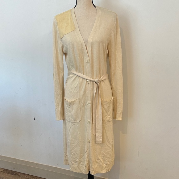 Ralph Lauren Sweaters - Ralph Lauren Vintage Silk Cashmere Leather Cream Knit Cardigan Old Money Large